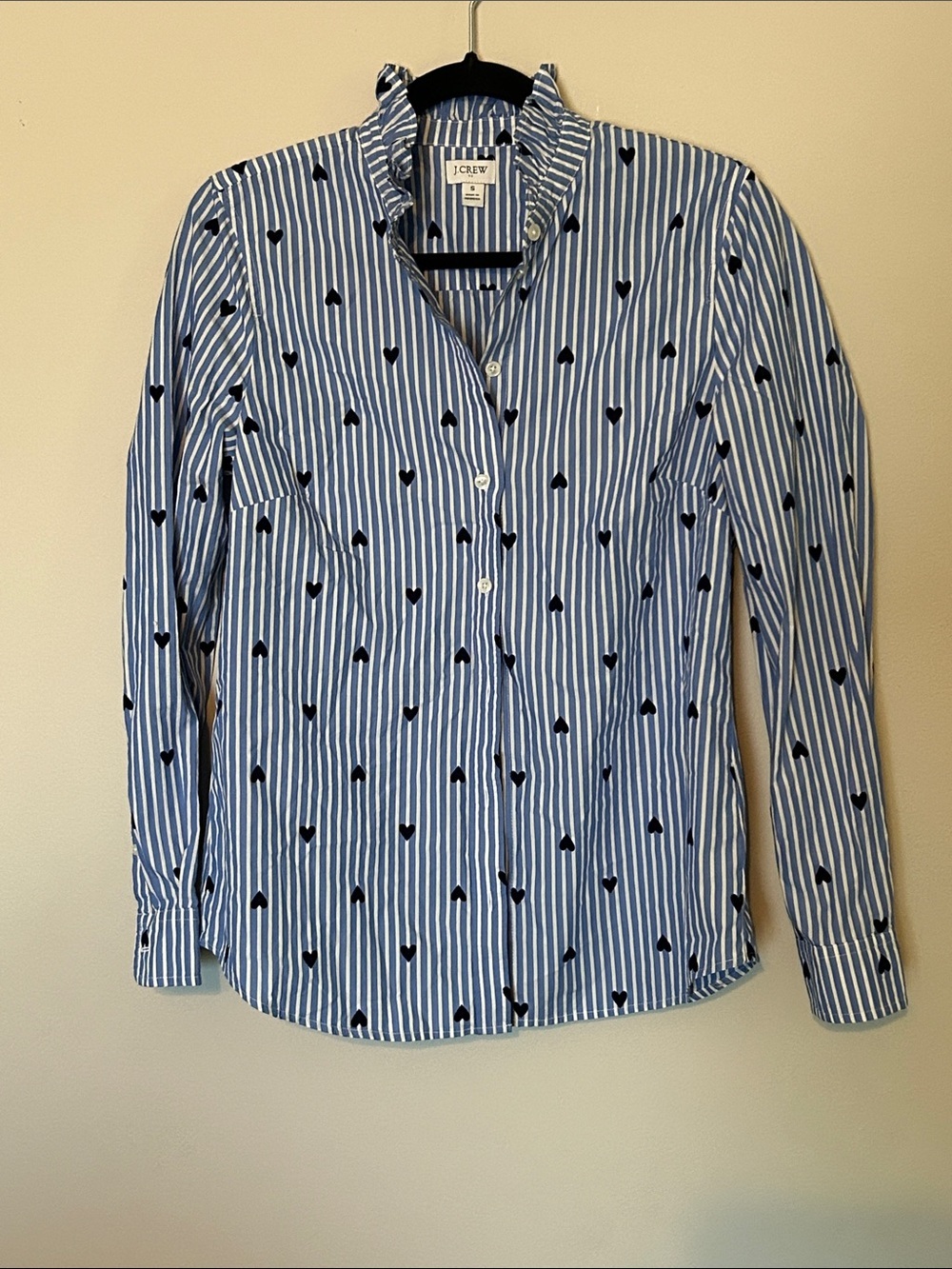 J. Crew Blue & White Striped Shirt with Black Heart Print